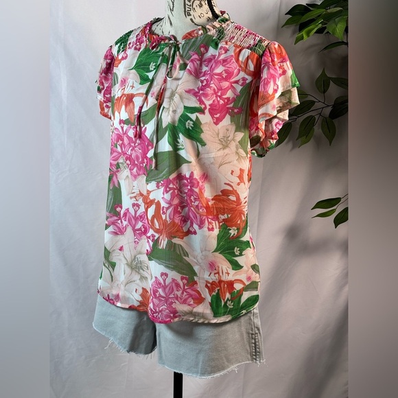 CeCe Pink and Orange Puff Sleeve Blouse with Tie Front 🌷 - Picture 2 of 10